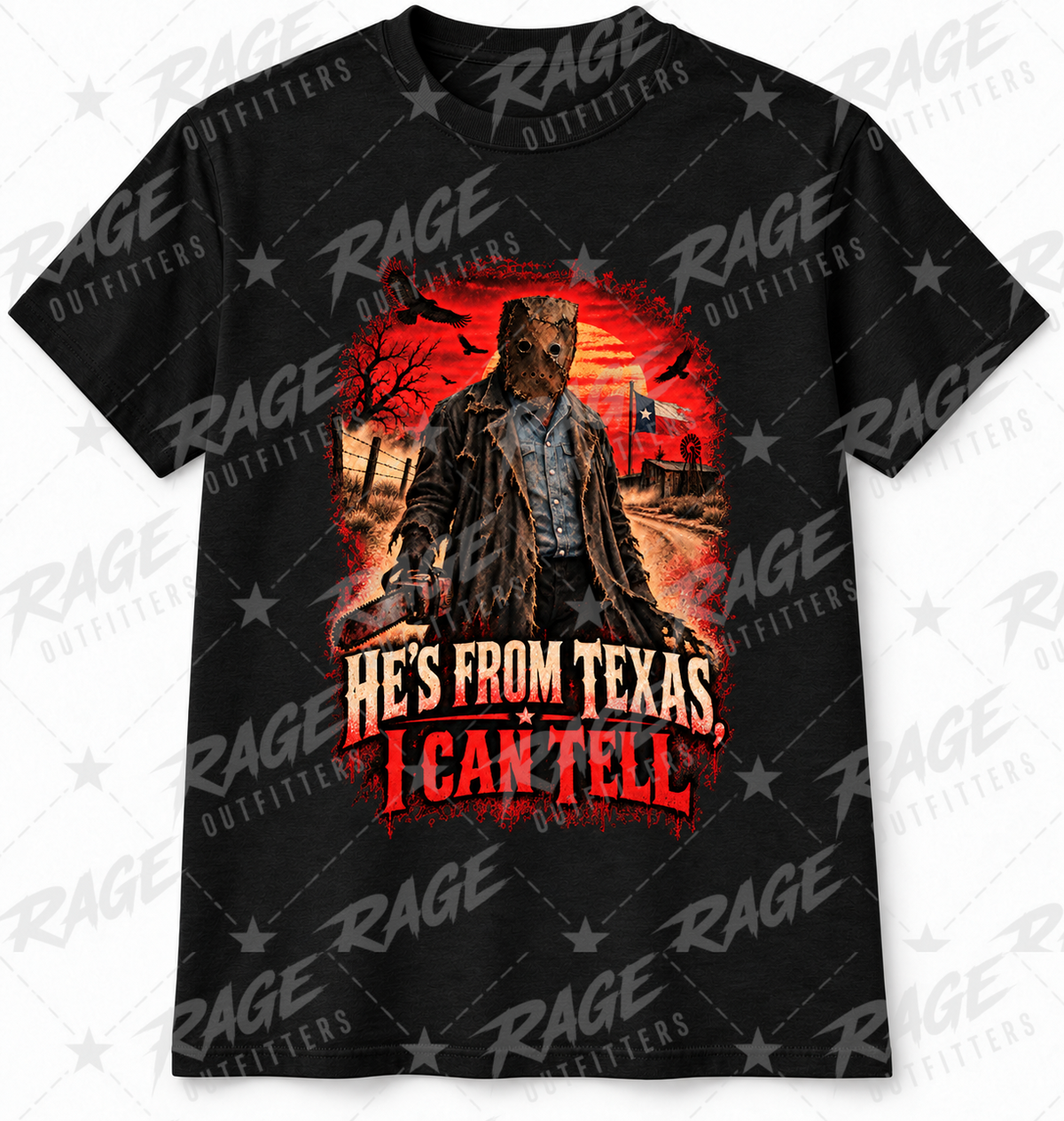 He’s From Texas Halloween graphic T-shirt in Black by Rage Outfitters