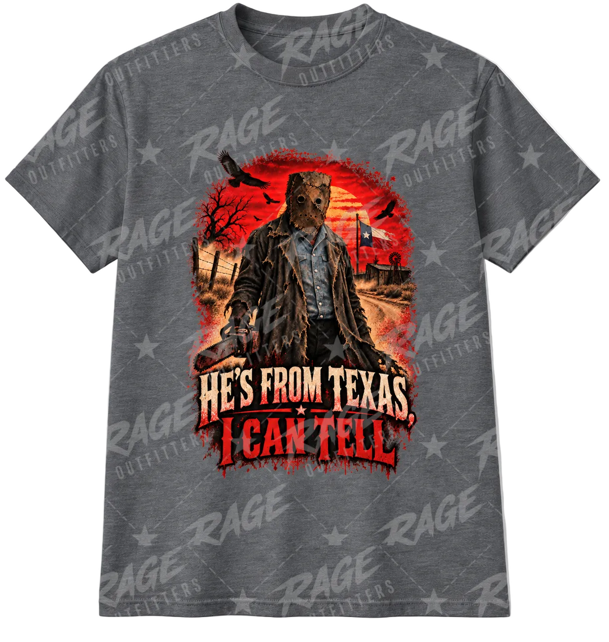 He’s From Texas Halloween graphic T-shirt in Dark Heather by Rage Outfitters